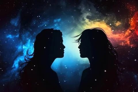 Mann und Frau astrale Silhouetten Konzept auf kosmischen Hintergrund mit g... Stock Photos