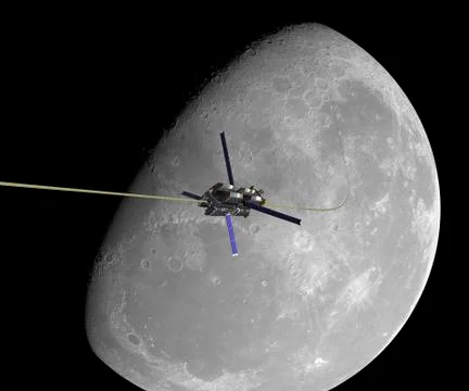 A manned lunar space elevator ascends from the surface of the moon. Illustrazione stock