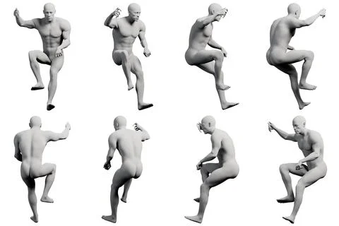 Mannequin climbing to top frame multi-view collage Stock Illustration