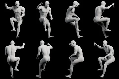 Mannequin climbing to top frame multi-view collage Stock Illustration