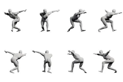 Mannequin figure dynamic action sequence in white studio Stock Illustration