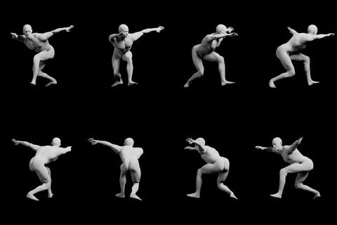 Mannequin figure dynamic action sequence in black studio Stock Illustration