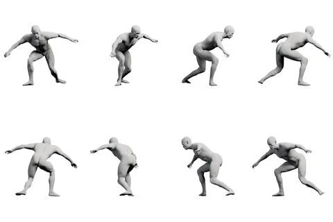Mannequin figure dynamic stance multi-view collage white background Stock Illustration