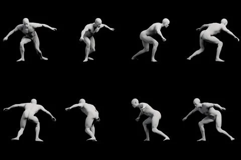 Mannequin figure dynamic stance multi-view collage black background Stock Illustration