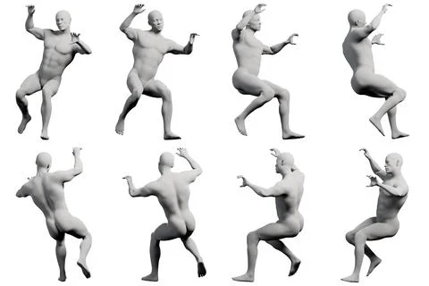 Mannequin figure jumping pose multiview collage Stock Illustration