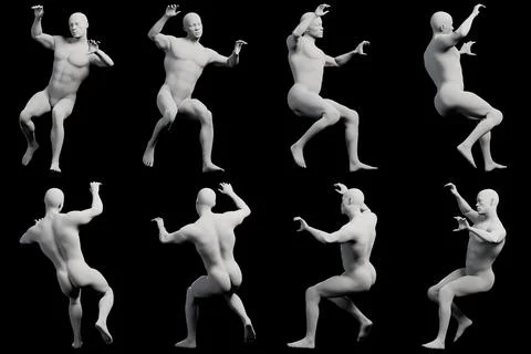 Mannequin figure jumping pose multiview collage Stock Illustration