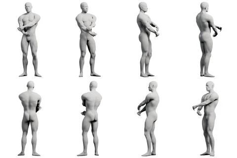 Mannequin figure model with arms crossed in multi-view collage Stock Illustration