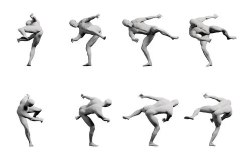 Mannequin figure model dynamic dance pose multi-view collage black Stock Illustration