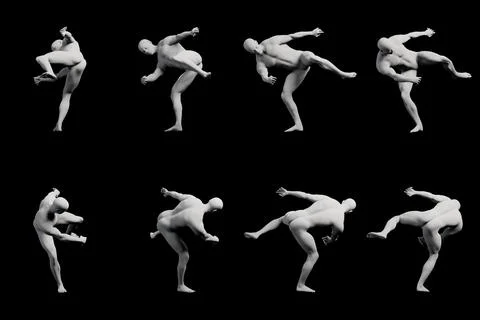 Mannequin figure model dynamic dance pose multi-view collage black Stock Illustration