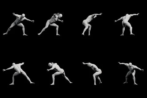 Mannequin figure model dynamic poses black background Stock Illustration