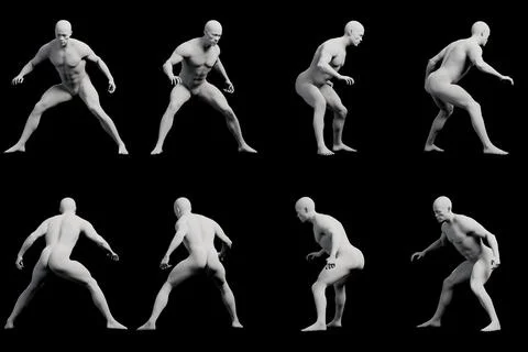 Mannequin figure model in dynamic stance grid collage Illustrazione stock