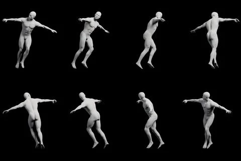 Mannequin figure model jumping pose multi-view collage Illustrazione stock