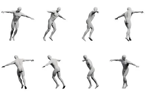 Mannequin figure model jumping pose multi-view collage Illustrazione stock