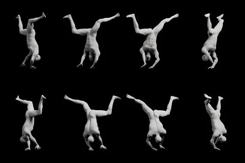 Mannequin figure model performing handstands in black studio 스톡 일러스트