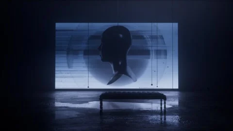 Mannequin head floating and turning before a luminous screen Stock Footage 346781468