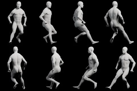 Mannequin running multi-view collage matte black background Stock Illustration