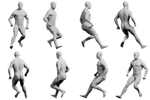 Mannequin running multi-view collage matte white background Stock Illustration