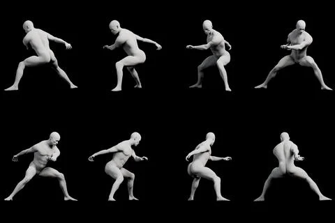 Mannequin running multi-view collage matte black background Stock Illustration