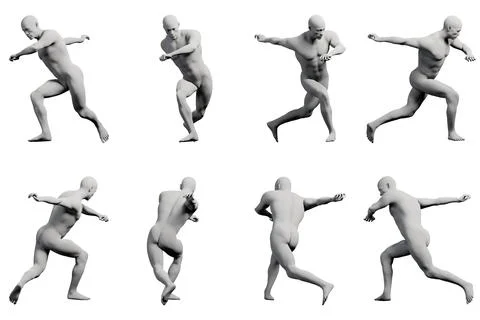 Mannequin running pose multi-view collage Stock Illustration