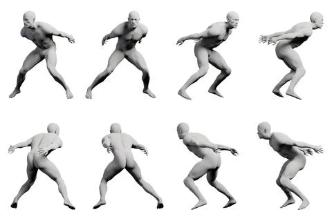 Mannequin running pose multi-view collage Stock Illustration