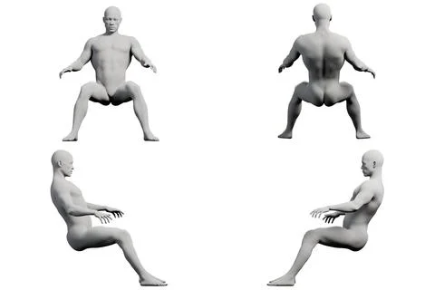 Mannequin squatting 4-view collage white background Stock Illustration