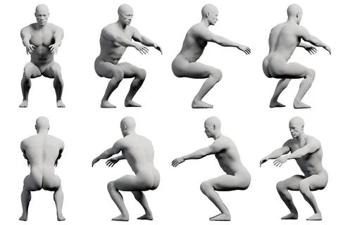 Mannequin squatting in 8-view collage Stock Illustration