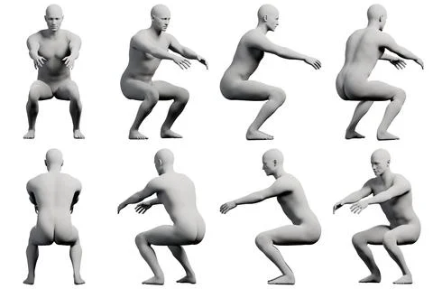 Mannequin squatting in studio Stock Illustration