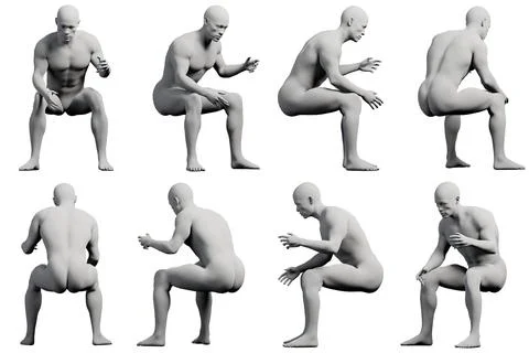 Mannequin squatting in studio Stock Illustration