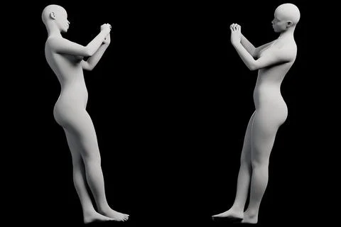 Mannequin standing with hands clasped in studio Stock Illustration