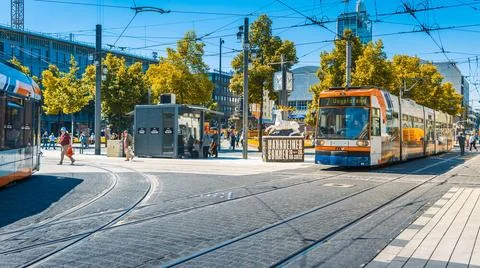 Mannheim Mannheim, Germany - June 10, 2022: colorful trams in Mannheim cit... Stock Photos