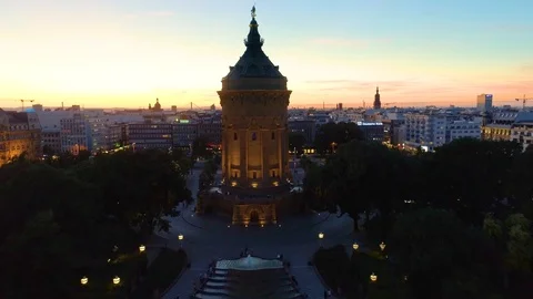 Mannheim water Tower / Arial / sunset Видео 124587634