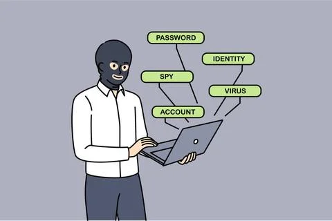 Männlicher Hacker hackt Website über Laptop und versteckt sein Gesicht mit. 写真素材