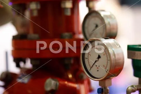 Manometers and pump for fire extinguishing system Stock Photos