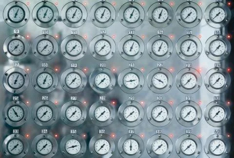 Manometers for measuring the pressure inside the system and monitoring of it. Stock Photos