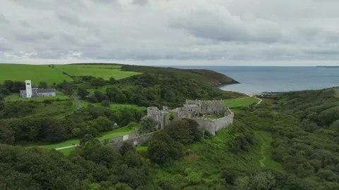 Manorbier Castle from a drone, Manorbier, Tenby, Wales, England, Europe Stock Footage 250806239