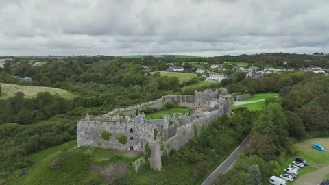 Manorbier Castle from a drone, Manorbier, Tenby, Wales, England, Europe Stock-Footage 250809671