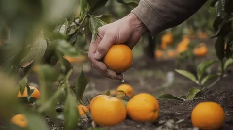 Manos recogiendo naranjas de los cultivos Stock Photos