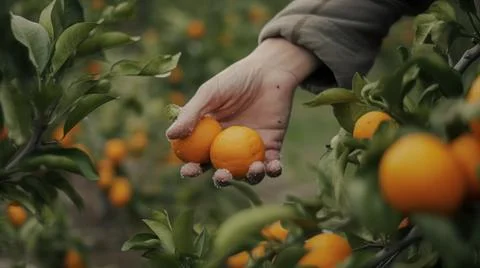 Manos recogiendo naranjas de los cultivos Stock Photos