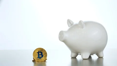 Mans arm put gold bitcoin into white moneybox Stock Footage 88782954
