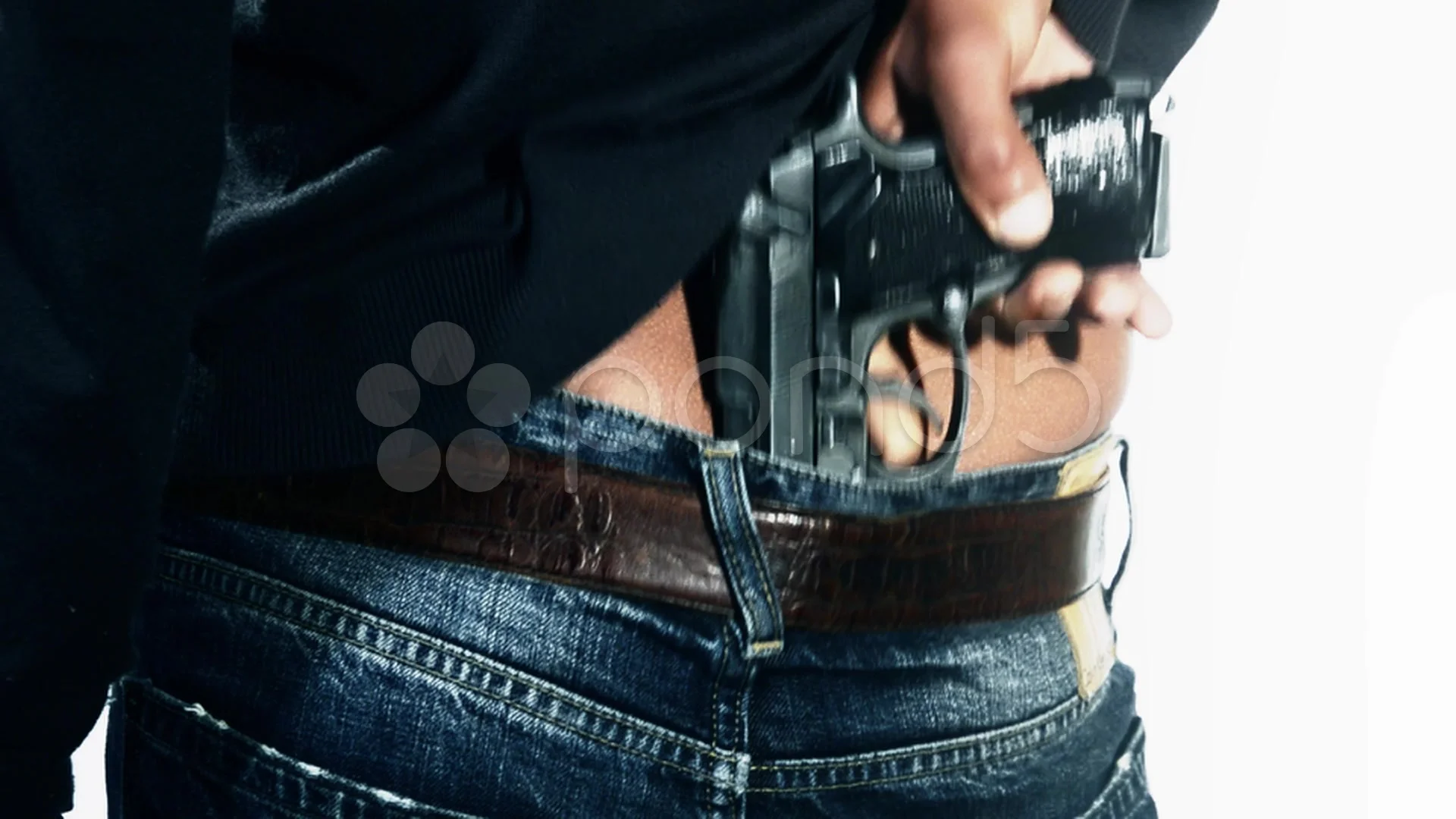 Mans Back With Gun Tucked In Pants Video Clip 38566682