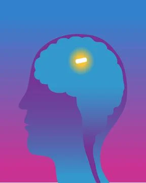 Man's brain with mental pill inside, cross section, illustration Stock Illustration