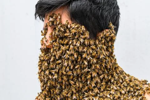 Man's face covered by bees. Фото