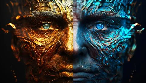 The man's face is made in a surreal style in blue and yellow tones. Stock Illustration