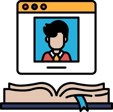 A man's face is shown on a computer screen with a book open in the background Stock Illustration