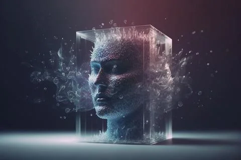 A man's face is surrounded by bubbles and smoke in a glass cube on a dark b.. Stock Illustration