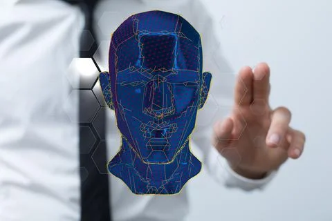Man's fingers interacting with 3D render Brain head human mental idea mind Foto stock