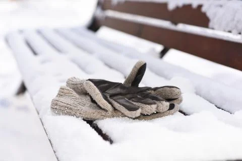 Mans gloves on the winter bench Stock Photos