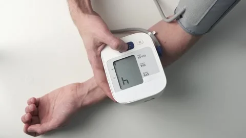 Man's hand and tonometer on white table for measuring blood pressure Stock Footage 168962623