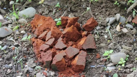 A man's hand breaks a brick with a stone Stock Footage 217430313