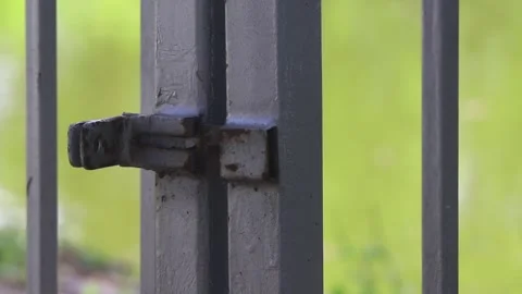 Man's Hand  closing On Gate with Rusted Metal Latch Stock Footage 257835865